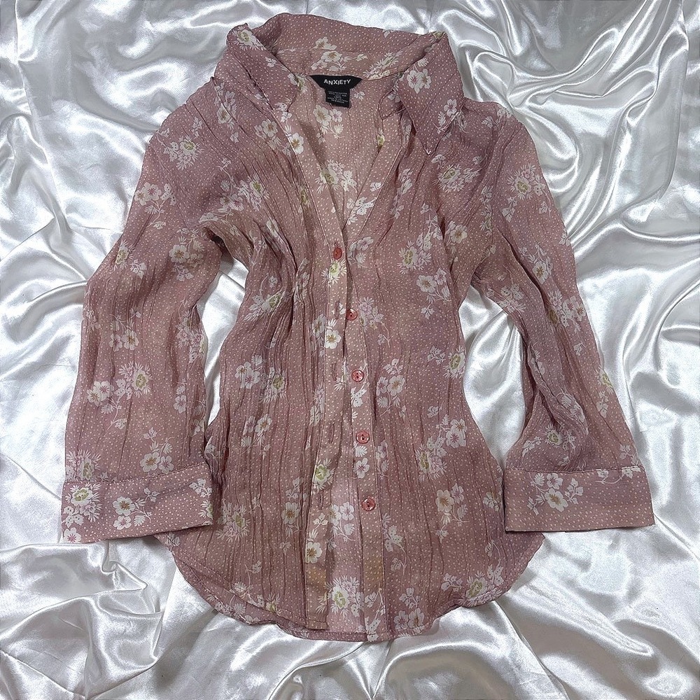 y2k Blouse Pink Excellent Anxiety Sheer Floral Polka Dot Pleated Button Down L